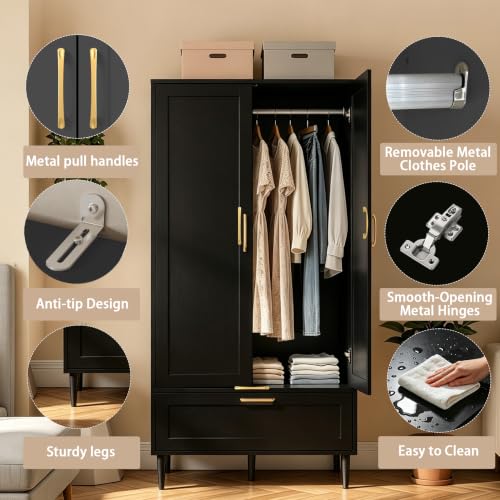 Modern 2-Door Bedroom Wardrobe with Hanging Rod and Drawer, 60-Inch Black