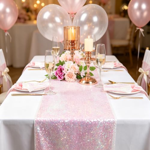 ShinyBeauty Iridescent White Sequin Table Runner 12x108 Inches 2-Pack for Weddings & Events