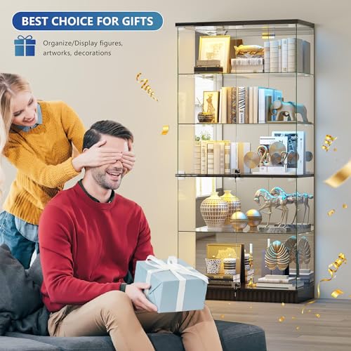 5-Tier Glass Display Cabinet with RGB LED Lights, Lock and Motion Sensor