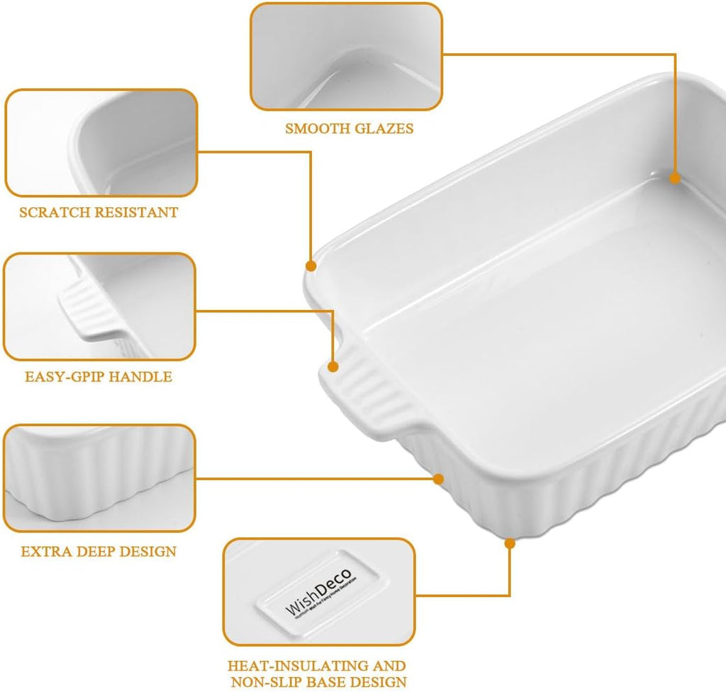 WishDeco Ceramic Casserole Dishes Set - 4-Piece White Porcelain Bakeware for Oven & Microwave | Rectangular Lasagna Pans with Handles (15''/12.4''/11''/9.6'')