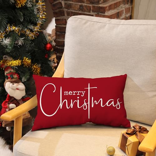 Allorry Christmas Pillow Cover 12x20 Inches Red Cotton Linen Holiday Decor Pack of 1