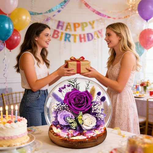Preserved Rose in Glass Dome with LED Lights - Eternal Flower Gift