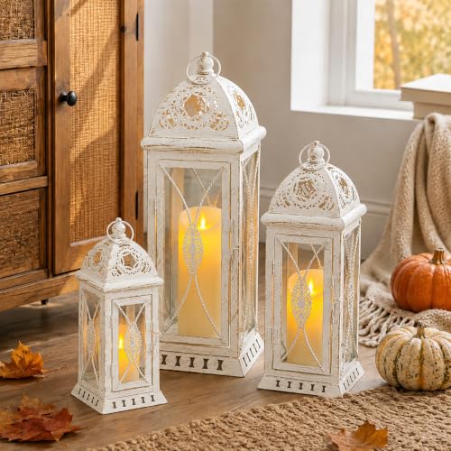 TRIROCKS Beige with Gold Brush 3-Set Large Decorative Candle Lanterns (22, 16, 11 in) for Indoor Outdoor