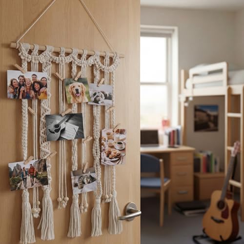 Macrame Hanging Photo Display with 30 Clips, Boho Wall Art Decor
