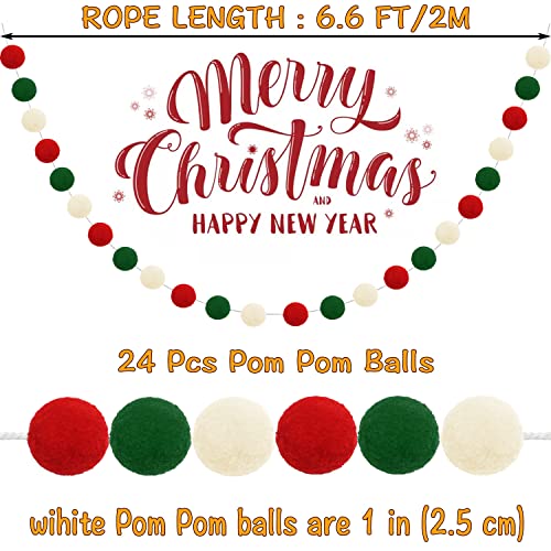 Christmas Pom Pom Garland 3-Pack - Red Green White Felt Ball Holiday Decor