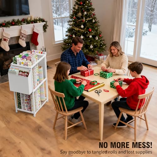 Rolling Metal Wrapping Paper Storage Cart with Wheels and 16 Straps