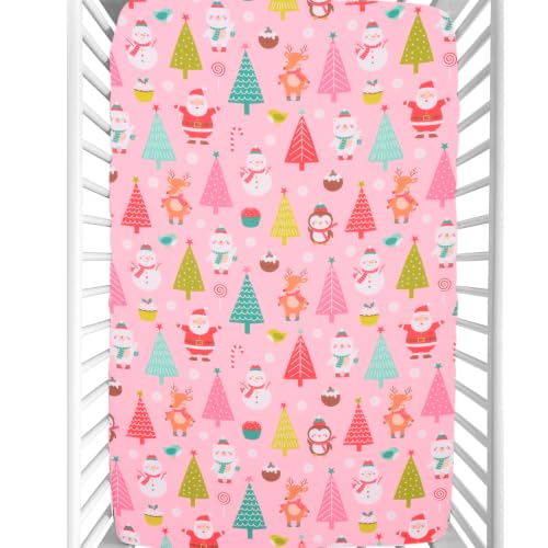 Cloele Pink Santa Snowman Christmas Crib Sheet 52x28in - Fitted Crib Mattress