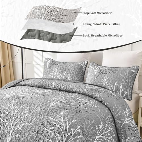 DJY Queen Botanical Quilt Set - 3-Piece Grey Microfiber Coverlet Bedspread