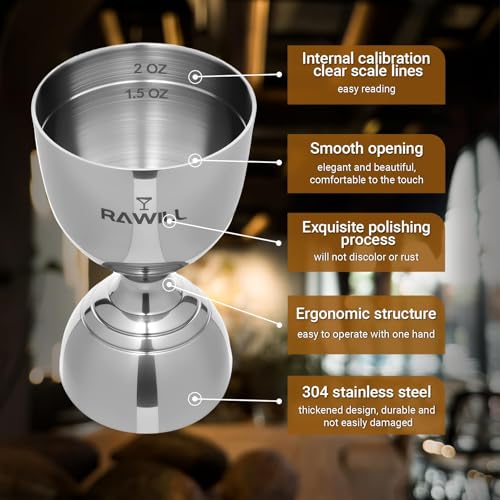 RAWILL Double Shot Jigger Set - 2 oz & 1 oz Bar Measuring Cups, Stainless Steel Barware