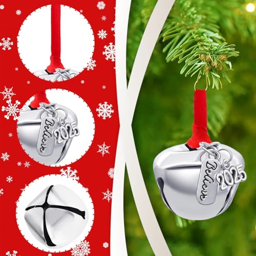 12-Piece Silver Christmas Jingle Bells with Believe Charm for Tree Decor