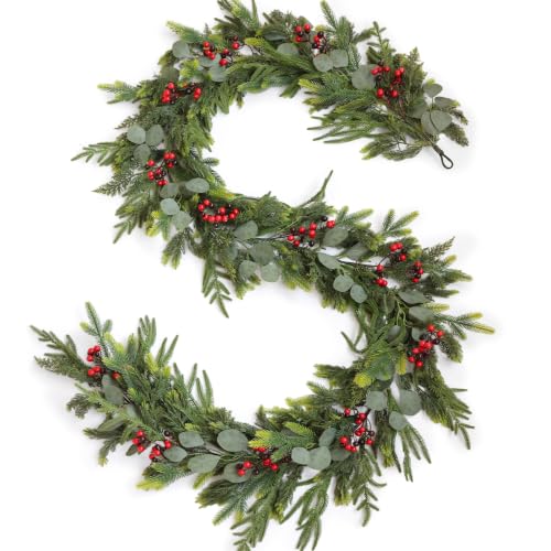 9ft Real Touch Norfolk Pine Christmas Garland with Cedar, Eucalyptus & Red Berries