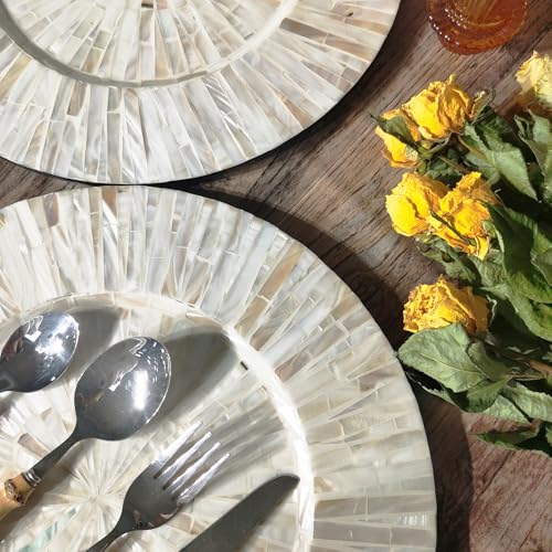 Champagne White 4-Piece Wooden Mother of Pearl Charger Plates Set - Radiating Gold Inlay, Artisanal Round Placemats for Weddings & Holidays