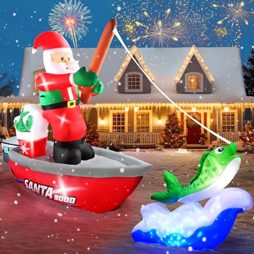 Kalolary 15FT Christmas Inflatable Santa Fishing with LED Lights - Holiday Yard Decor