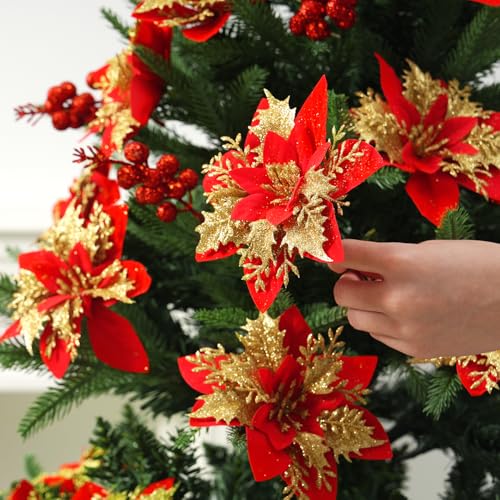 Trytuny 50pcs Glitter Poinsettia Ornaments with Clips Red - DIY Wreath & Christmas Tree Flowers