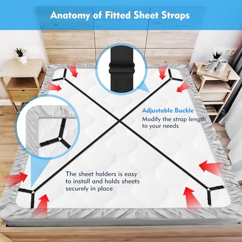 Adjustable Bed Sheet Straps - 2 Pack Elastic Sheet Holders with Metal Clips