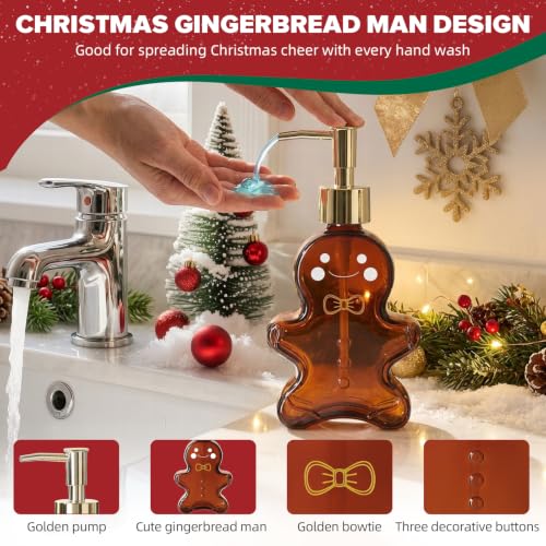 VIMERPA 2-Pack Gingerbread Man Soap Dispensers with Amber Glass, 10 fl oz, Gold Pump