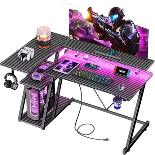 40-Inch L-Shaped Gaming Desk with LED Lights, Power Outlets & Storage Shelves