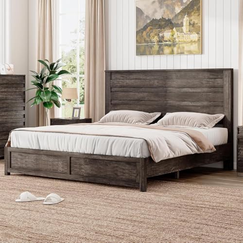3-Piece Farmhouse Full Bed Frame Set with Charging Nightstands, Rustic Grey