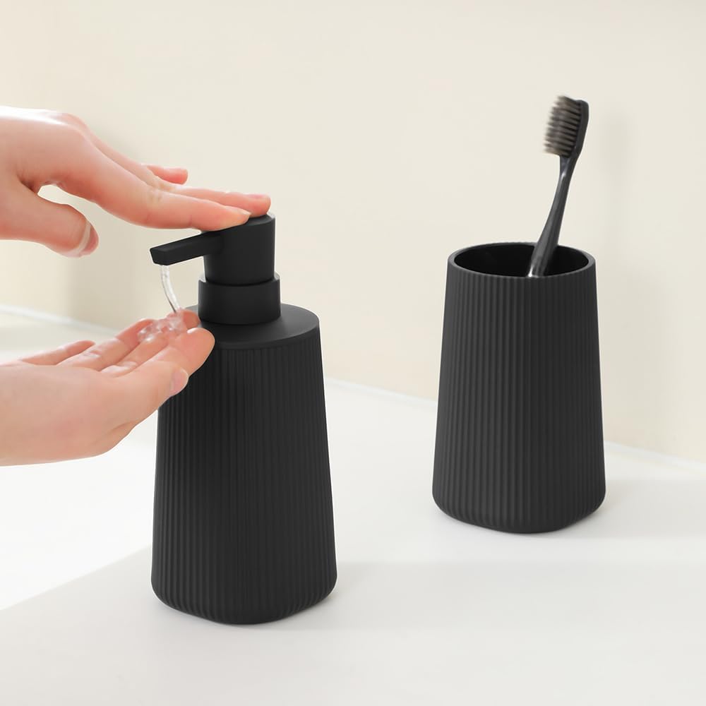 YAUKPH Bathroom Accessories Set - 2-Piece Soap Dispenser & Toothbrush Holder | Striped Black Design