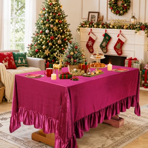 SoarDream Burgundy Velvet Tablecloth 60x120 in with 6-in Ruffle - Rectangular