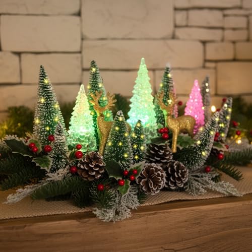 Lighted Christmas Centerpiece with LED Acrylic Trees & Gold Reindeer, Flocked Pine, Timer, Holiday Decor