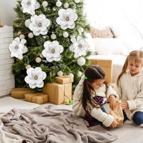 Outus White Velvet Christmas Tree Decorations Set with Glitter Magnolia Flowers & Ornaments