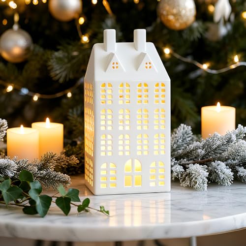 Light-Up White Ceramic Christmas Village House - LED Tabletop Decor