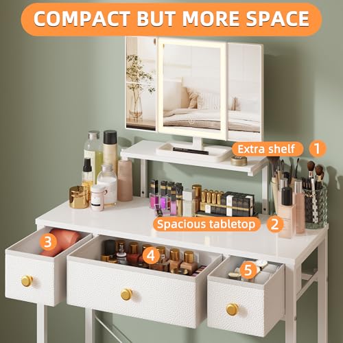 Small Makeup Vanity Desk with Lighted Tri-Fold Mirror and 3 Drawers