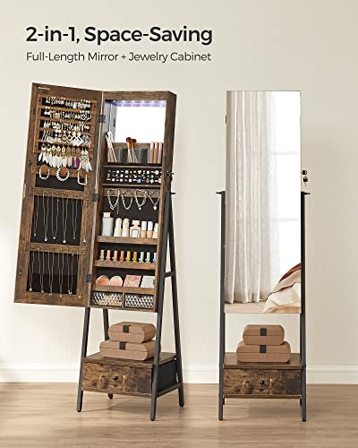 Standing Jewelry Armoire with Full-Length Mirror and LED Interior Lights