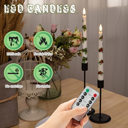 AFINETH White Christmas Pine Flameless Taper Candles with Pine Leaves & Bells