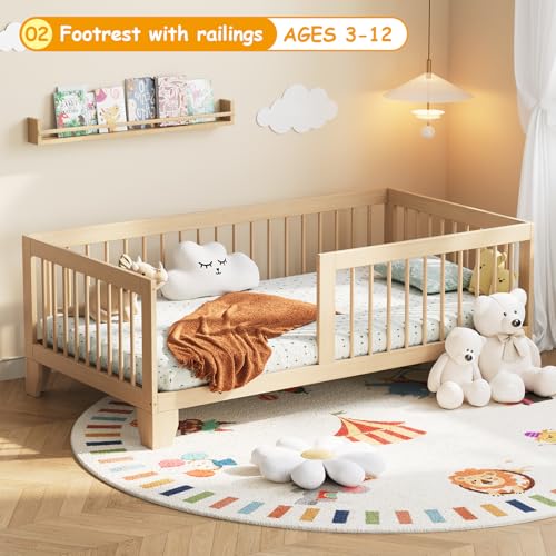 Montessori Twin Floor Bed Frame with Removable Guardrails, Solid Wood