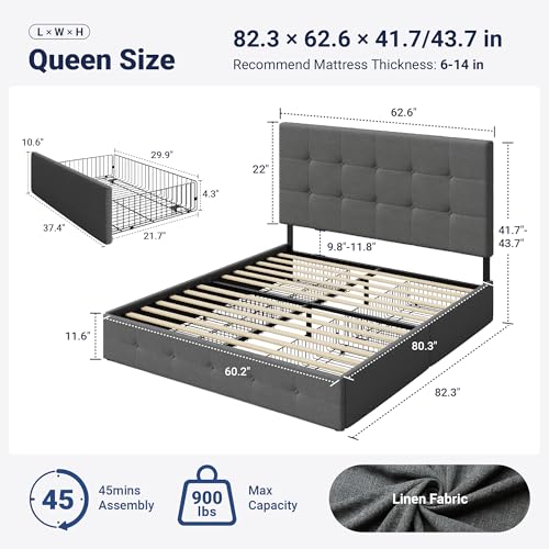 Queen Size Upholstered Platform Bed Frame with 4 Storage Drawers
