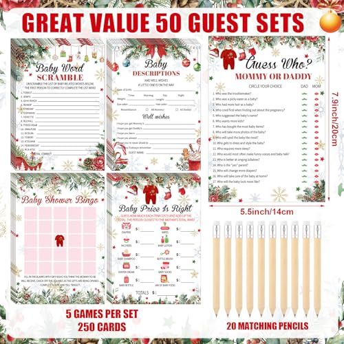 Patelai Christmas Santa Baby Shower Game Supplies Set with Sign, Cards, Clothespins & Pencils - Holiday Party Decorations