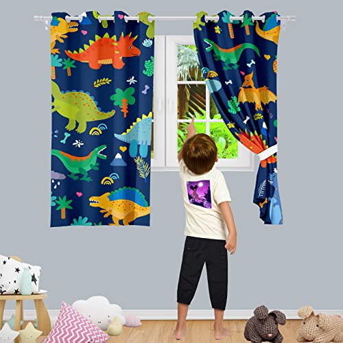Dinosaur Print Blackout Curtains, Thermal Insulated Window Drapes 82x63