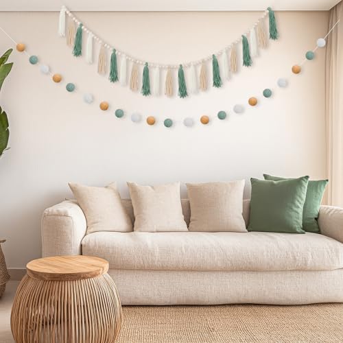 Boho Tassel and Pom Pom Garland Set - Sage Green Cotton Wall Decor