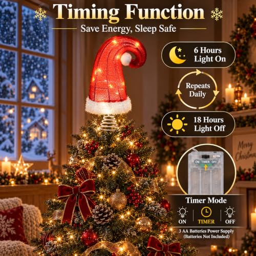 Okaerm Red 8-Inch Lighted Santa Hat Tree Topper with Spring Base - Christmas Ornament