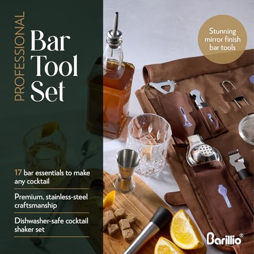 Barillio Brown Silver Waxed Canvas Travel Bartender Kit with 17-Pc Cocktail Set