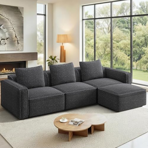 103" Modular L-Shaped Sectional Sofa with Ottoman, Grey Cloud Couch