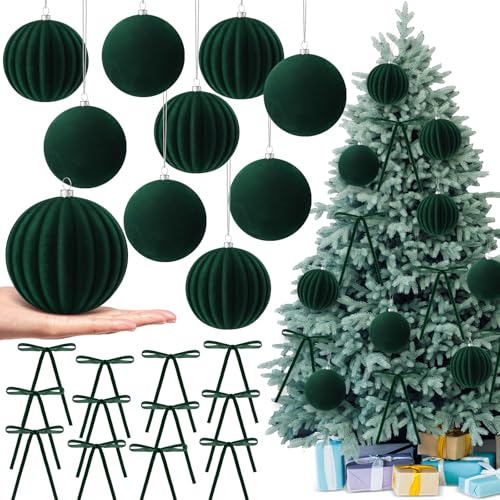 Green Velvet Christmas Balls & Bows Set - 12 4-Inch Ornaments + 24 Pre-Tied Bows