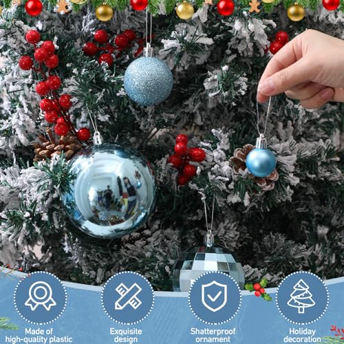 Wettarn Ice Blue 50 Pcs Shatterproof Christmas Ball Ornaments - 4/3.2/2/1.2'' with Matte, Shiny, Disco Mirror & Glitter Finishes