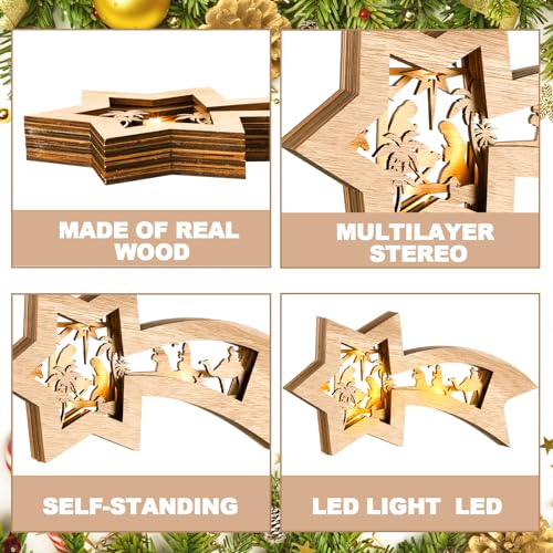 Bucherry Classic Wooden Nativity Scene Christmas Ornament with LED Lights - Tabletop Decor