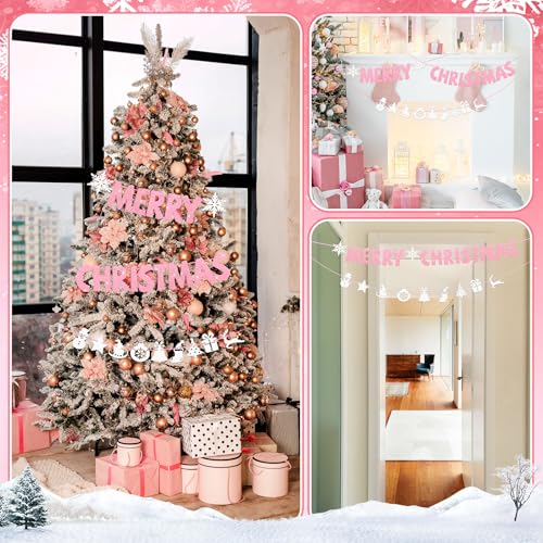 Pink Merry Christmas Banner Decorations Set - Indoor Holiday Wall Signs, Includes 3 Pre-Assembled Pink/Classic Variations