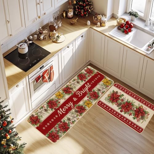 Baccessor Christmas Poinsettia Kitchen Rugs Set - Bright Holiday Decor, 17x29 & 17x47 Inches
