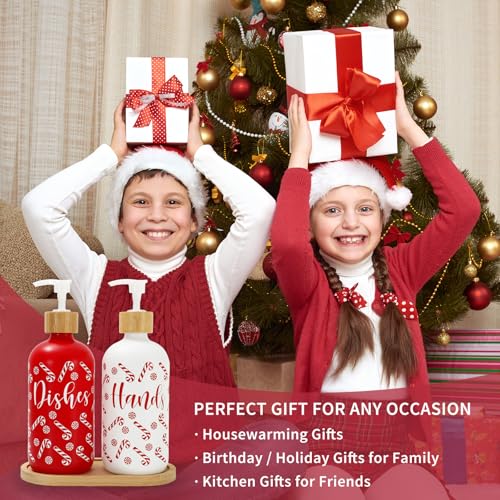 FYSUIMU Christmas Candy Theme Glass Soap Dispenser Set with Wooden Tray - Refillable Liquid Hand & Dish Soap Pump, 2 Pack