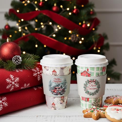 Jingmore 48-Pack 16oz Christmas Coffee Cups with Lids & Sleeves - 4 Festive Designs, Rustic Christmas