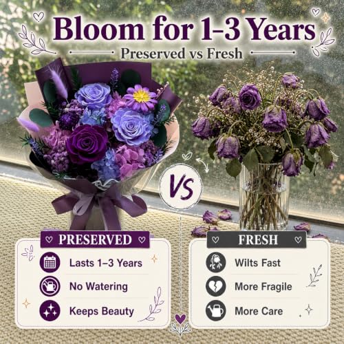 Preserved Purple Rose Bouquet in Vase, Eternal Real Flowers Gift for Her