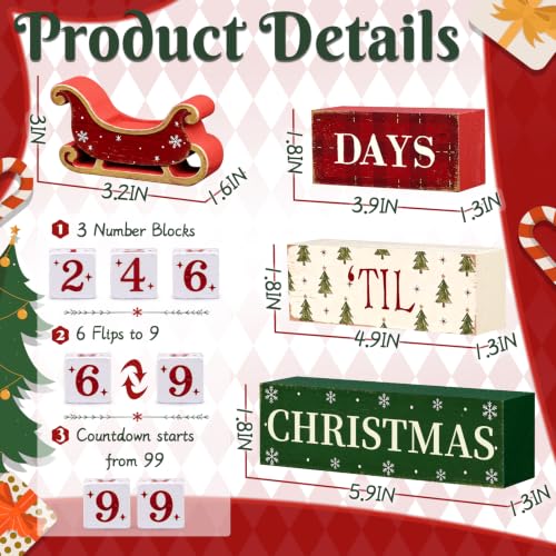 BORORO Christmas Countdown Sleigh Decor - Rustic Wood Countdown Blocks, Days ’Til Christmas, One Size