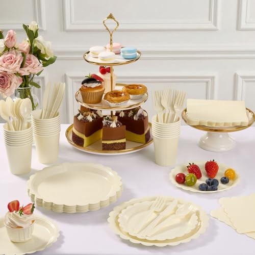 Ivory Scalloped Disposable Tableware Set (350Pcs) - 50 Guests - Goodluck
