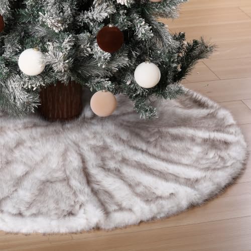 72 Inch Faux Fur Christmas Tree Skirt - Thick White Brown Tip Luxury Decor