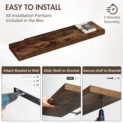 48-Inch Floating Shelves, 12-Inch Deep Wall-Mounted Rustic Wood Shelving